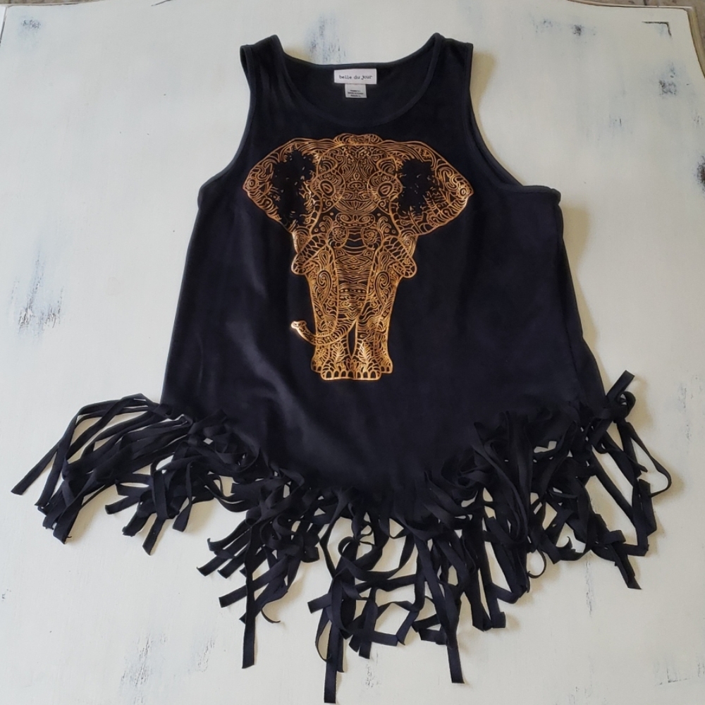 Very soft fringed tank top with elephant print